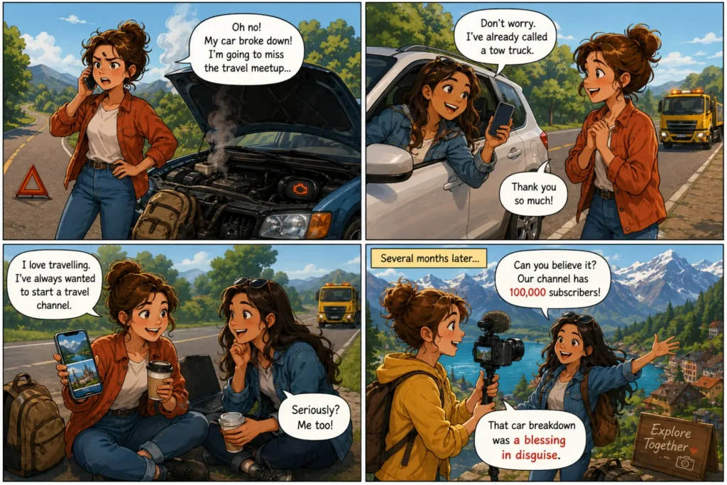 A Blessing in Disguise comic_1 A Blessing in Disguise Meaning illustrated in a four-panel comic: a woman’s car breaks down, she meets a fellow traveler, and the two later create a successful travel channel together.