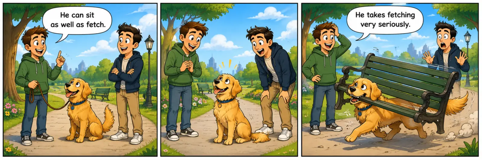 as well as comic_1 As Well As Meaning comic showing a dog that can sit as well as fetch and proudly carries an entire park bench.