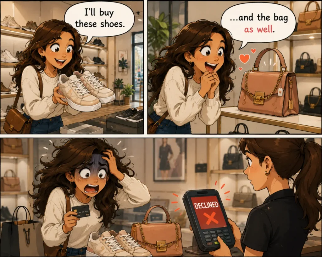 As well comic showing a woman buying shoes, deciding to take a handbag as well, and getting a declined card at checkout.