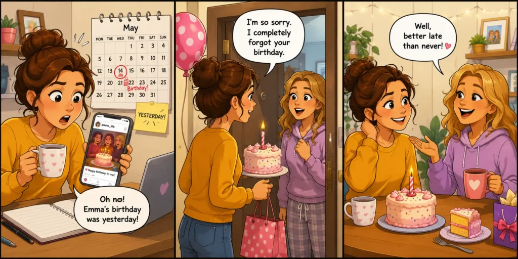 Better Late Than Never Meaning_1_1 Better Late Than Never Meaning shown in a three-panel comic where a woman forgets her friend’s birthday, brings a cake the next day, and hears “Better late than never.”