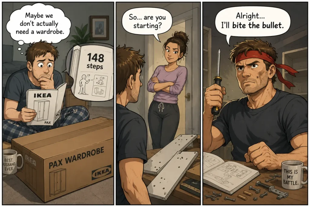 Bite the Bullet_1_2 Bite the Bullet Meaning: a funny comic showing a man finally deciding to assemble a complicated wardrobe instead of avoiding the unpleasant task.