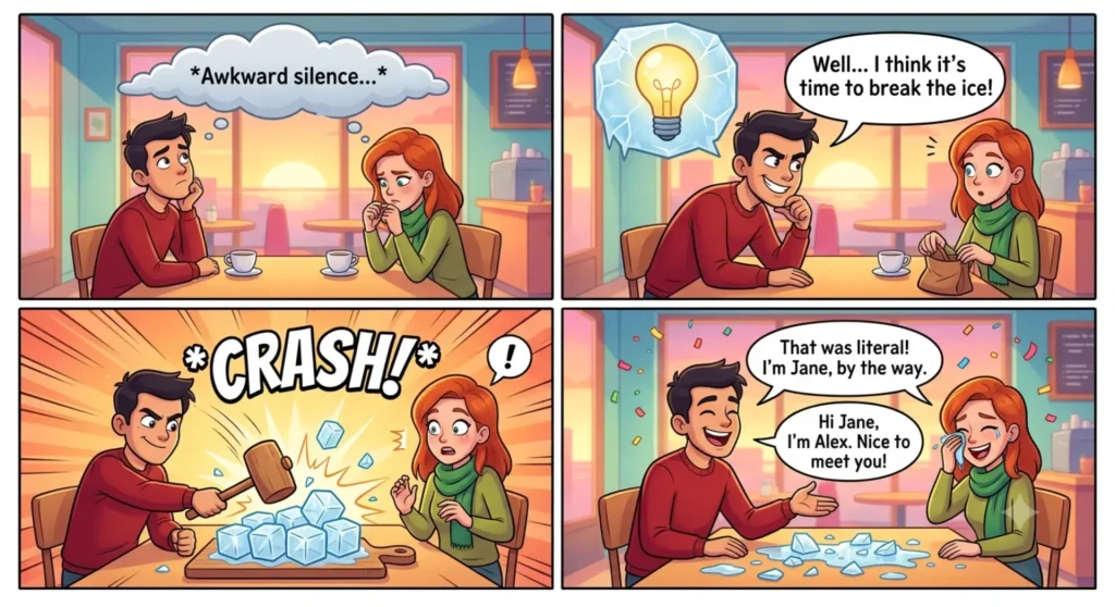 Break the Ice Meaning_1_1 A 4-panel cartoon comic strip demonstrating the "Break the Ice Meaning" through a funny, literal joke on a first date in a cafe.