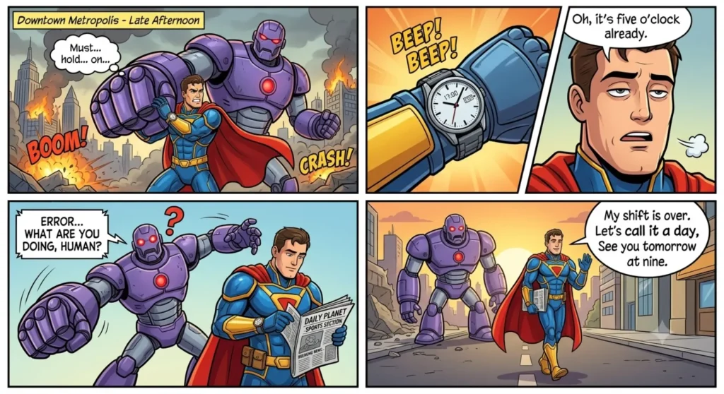 A four-panel mini comic explaining the "call it a day" meaning, featuring a superhero who stops fighting a giant purple robot at exactly 5 PM because his shift is over.