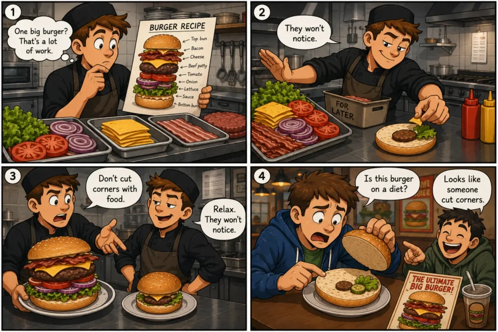 cut corners comic_1 Cut Corners Meaning comic showing a chef saving ingredients on a burger and a customer discovering the poor result.