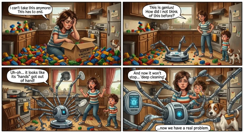 get out of hand comic_1 A 4-panel comic strip demonstrating the Get Out of Hand Meaning, where a mother uses an AI robot vacuum to clean a mess, but its many robotic hands get out of control and start cleaning the family.