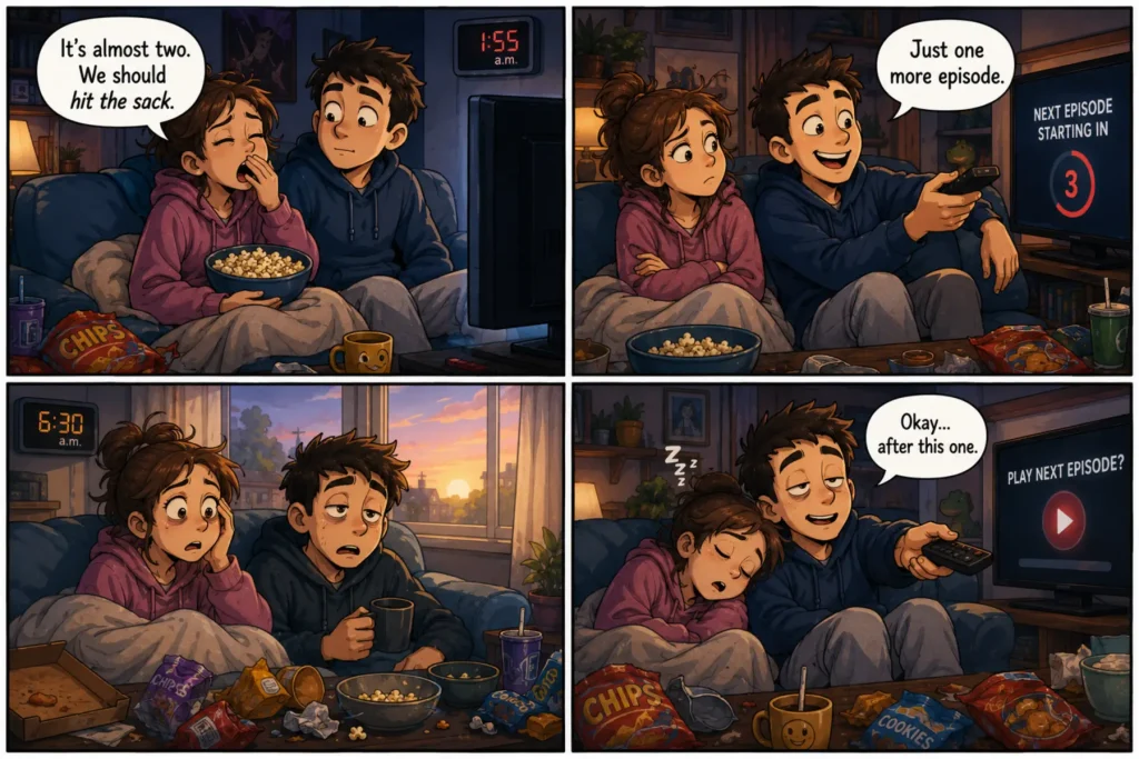 hit the sack comic_1 Hit the Sack Meaning illustrated in a comic where a tired couple keeps watching one more episode until morning instead of going to bed.