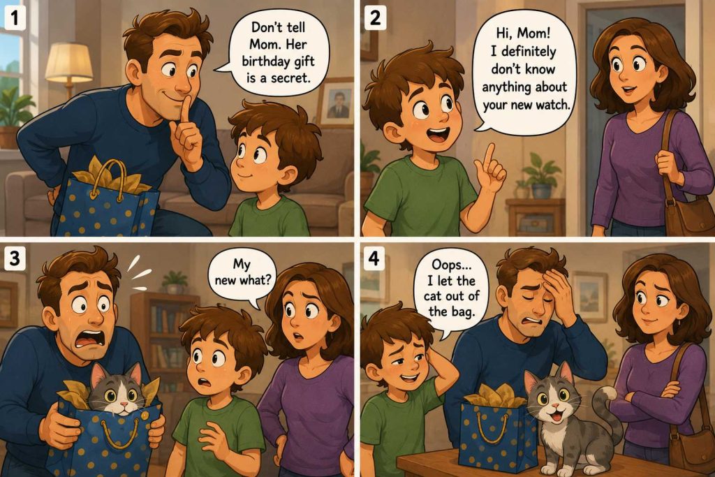 Let the Cat Out of the Bag_2 Let the Cat Out of the Bag Meaning illustrated in a funny four-panel comic where a boy accidentally reveals his mom's birthday surprise.