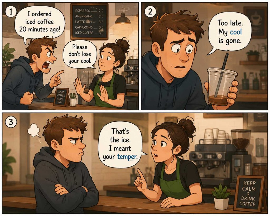lose your cool meaning comics Comic strip illustrating the lose your cool meaning through a funny conversation between a barista and a customer in a coffee shop.