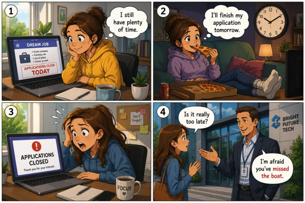 Miss the Boat Meaning illustrated in a four-panel comic: a woman delays applying for her dream job, misses the deadline, and loses the opportunity.