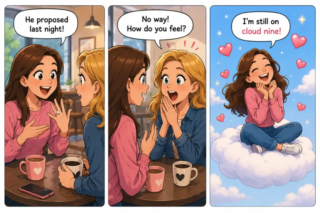 On Cloud Nine Meaning comic showing a woman happily telling her friend about her engagement and saying “I’m still on cloud nine” while sitting on a fluffy cloud.