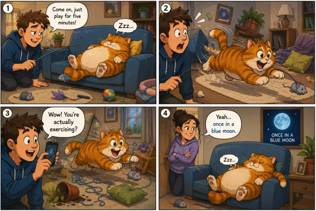 Once in a Blue Moon idiom meaning comic showing a lazy cat suddenly exercising, then going back to sleep because it happens very rarely.