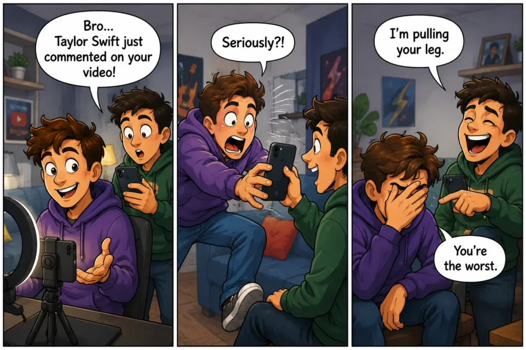 Pull Someone’s Leg Meaning – funny comic showing a friend joking that Taylor Swift commented on a video before revealing it was just a prank.