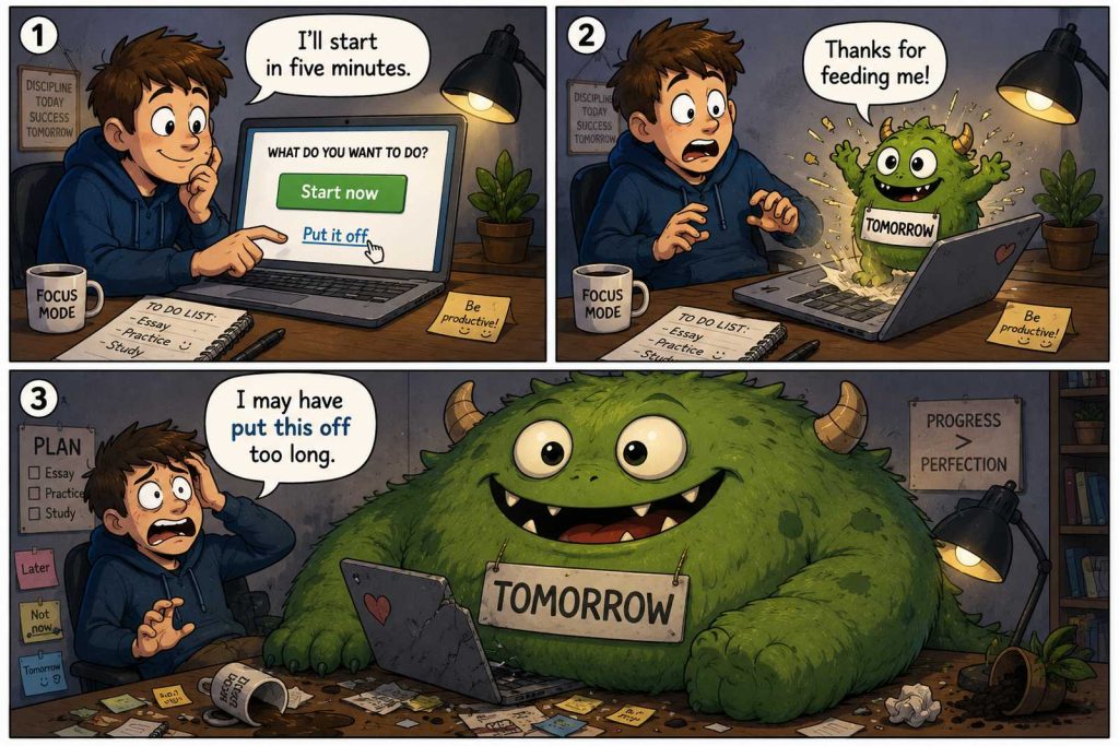 Put Off Meaning comic showing a student clicking “Put it off” and feeding a Tomorrow monster that grows huge from procrastination.