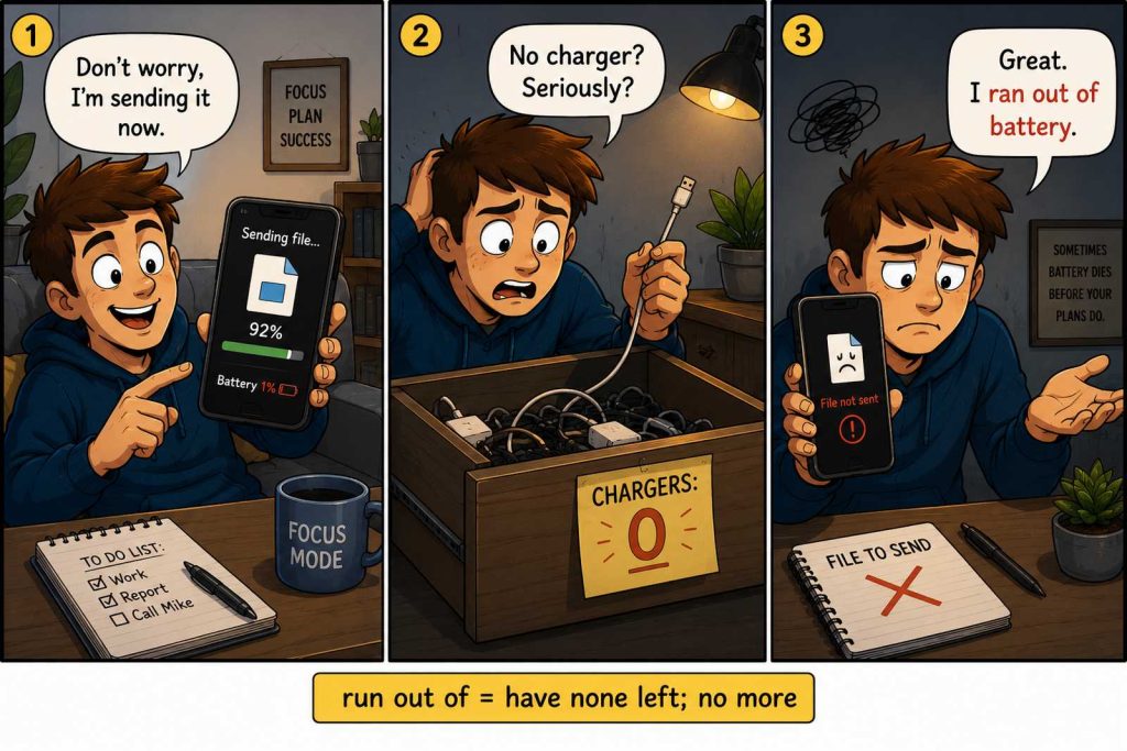 Run Out Of Meaning comic showing a student sending a file from his phone, running out of battery, and failing to send it.
