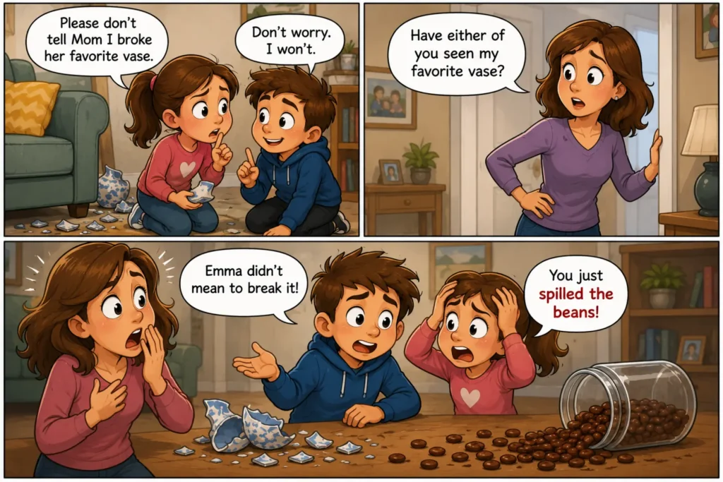 spill the beans comic_1 Spill the Beans Meaning comic showing a boy accidentally revealing that his sister broke their mom’s favorite vase while a jar of beans spills on the floor.