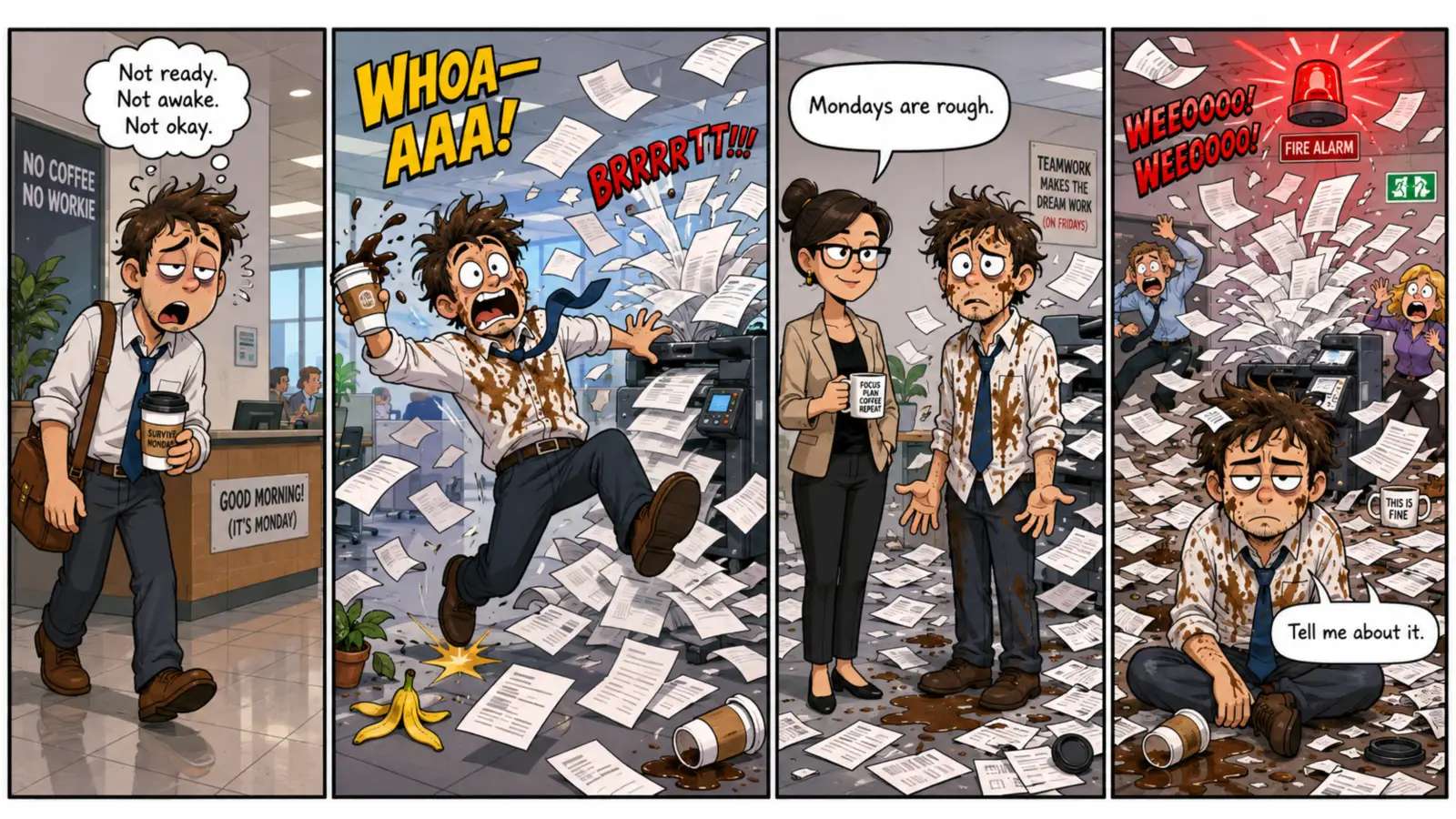 tell me about it comic_1 Funny office comic illustrating the phrase “Tell Me About It Meaning”, where an employee spills coffee, the printer goes out of control, and the fire alarm starts ringing.