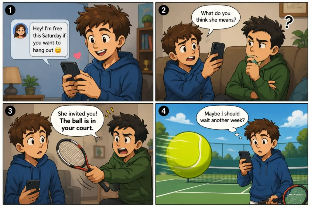 the ball is in your court comic_1 The Ball Is in Your Court Meaning: a funny comic showing a boy who must finally decide whether to answer a girl’s invitation.