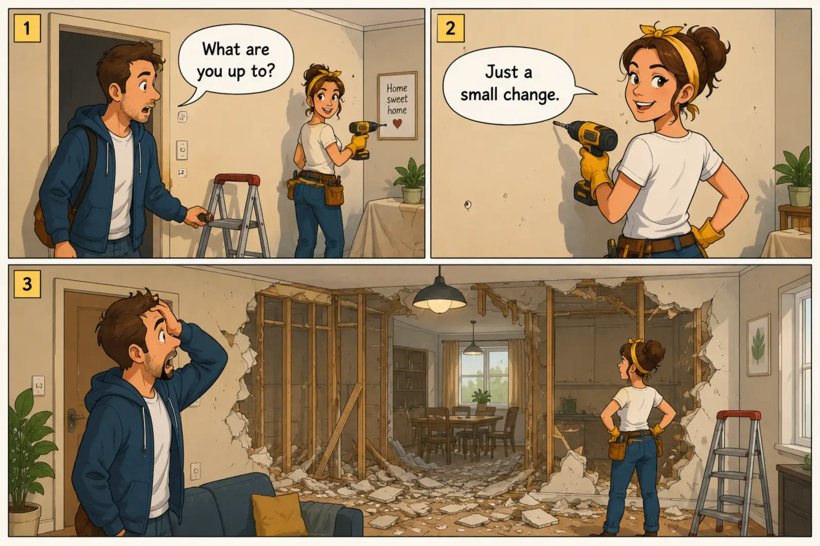 What Are You Up To? meaning illustrated in a comic where a woman calls demolishing half a wall “just a small change.”