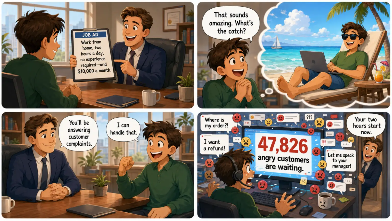 what's the catch comic_1 What’s the Catch Meaning illustrated in a comic about a dream remote job with 47,826 angry customers waiting.