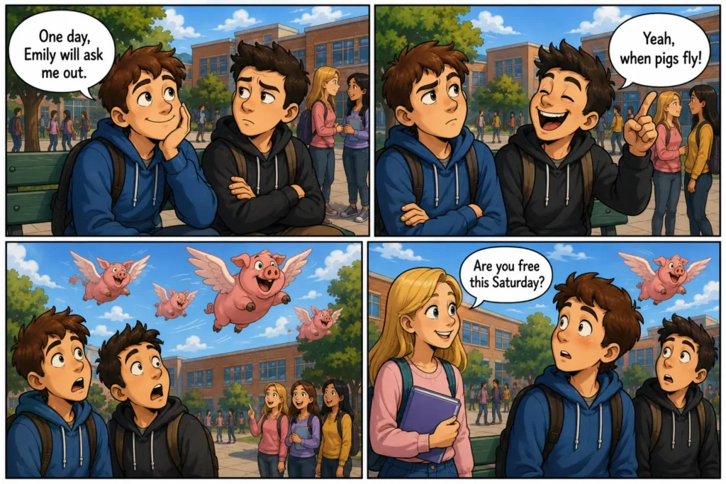 when pigs fly comic_1 When Pigs Fly Meaning illustrated in a comic where flying pigs appear just before a girl unexpectedly asks a boy on a date.